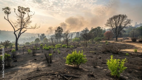 Fototapeta Naklejka Na Ścianę i Meble -  A scorched landscape shows charred trees and emerging green plants under a smoky sky, highlighting the aftermath of a wildfire.