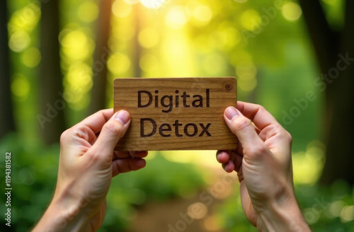 Two hands display a wooden sign that encourages a digital detox surrounded by lush greenery and soft sunlight