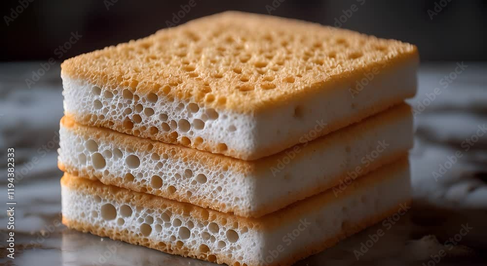 Three stacked kitchen sponges with a porous texture on a marble surface. Three stacked kitchen sponges with a porous texture on a marble surface.