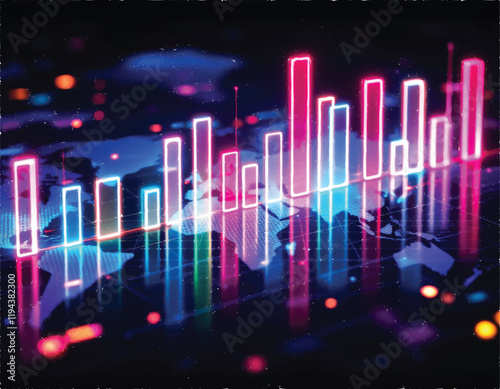 vector of futuristic poster with colorful glowing bar graphs and stylized global map on background