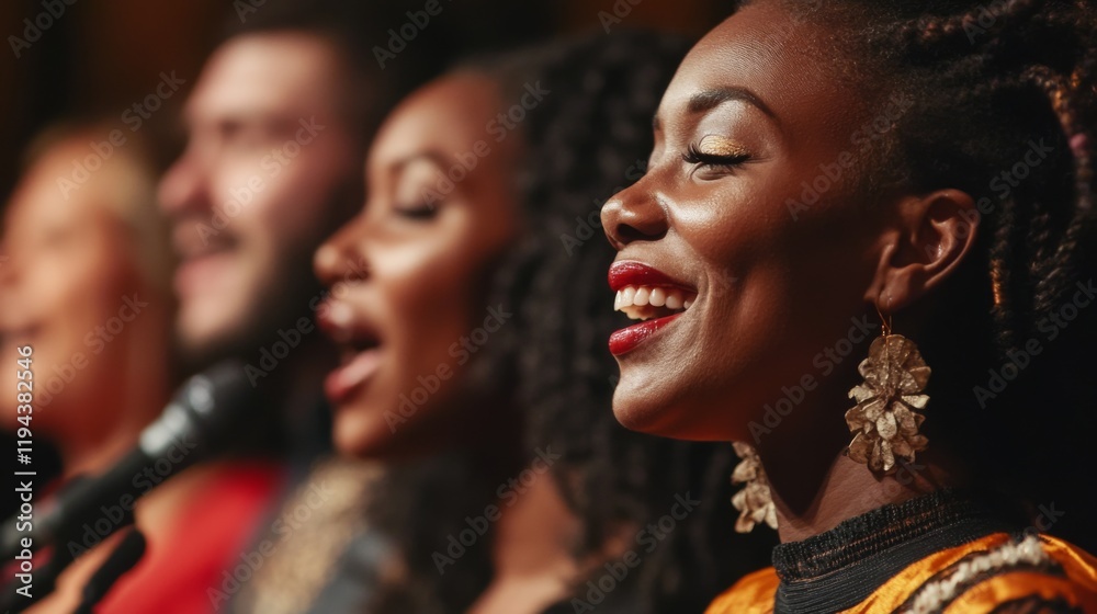 Obraz premium Close-up of a diverse group of singers harmonizing together on stage, with expressions of concentration and joy, highlighting the unity in their performance.