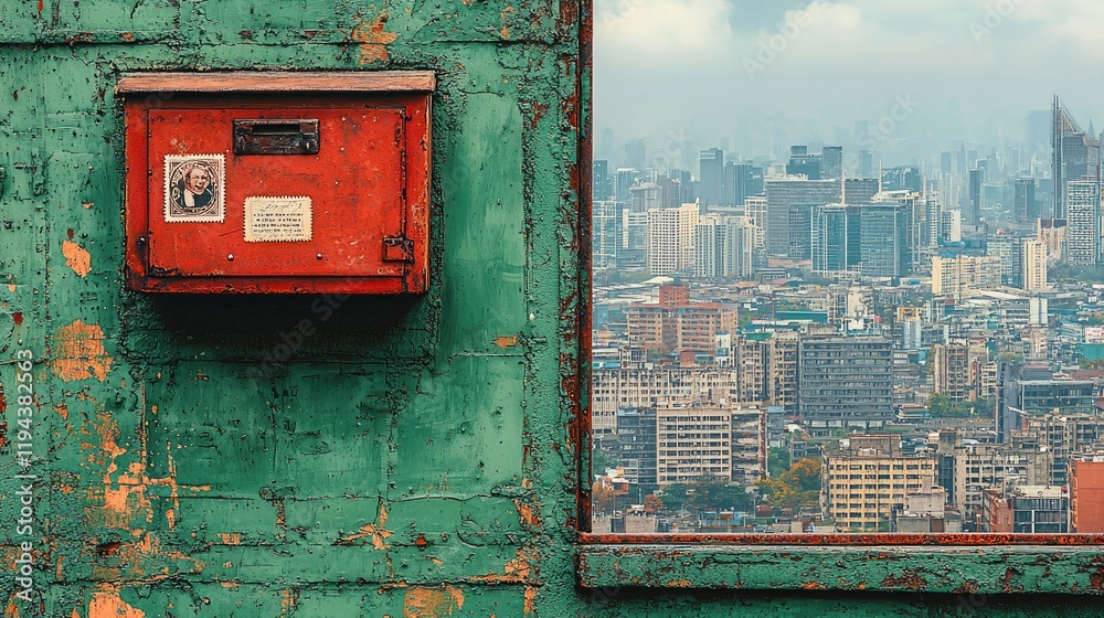 Urban Vista Through a Weathered Frame: A Red Mailbox and Cityscape Urban Vista Through a Weathered Frame: A Red Mailbox and Cityscape
