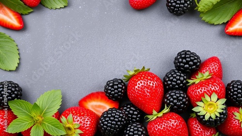 A beautifully arranged frame of fresh strawberries and blackberries on a dark blackboard background, with ample space in the middle for text, natural, antioxidants photo