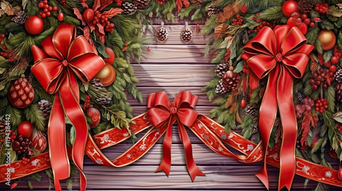 Festive Christmas Decorations with Red Bows and Rustic Wooden Background