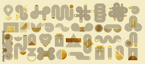 Boho zen arch lines. Abstract geometric shapes with gold texture. Vector illustration