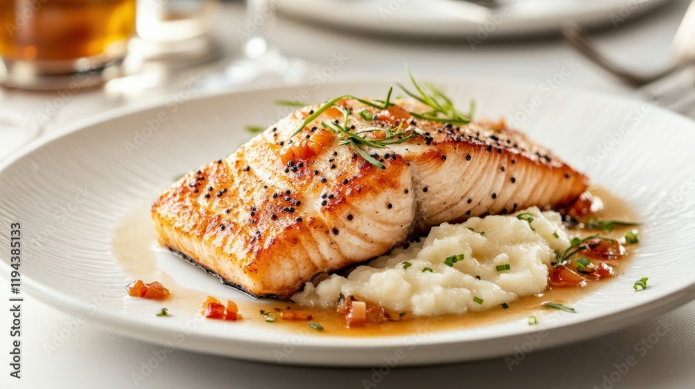 Gourmet Salmon Fillet with Mashed Potatoes and Sauce, Perfect for Fine Dining or Restaurant Menu Gourmet Salmon Fillet with Mashed Potatoes and Sauce, Perfect for Fine Dining or Restaurant Menu