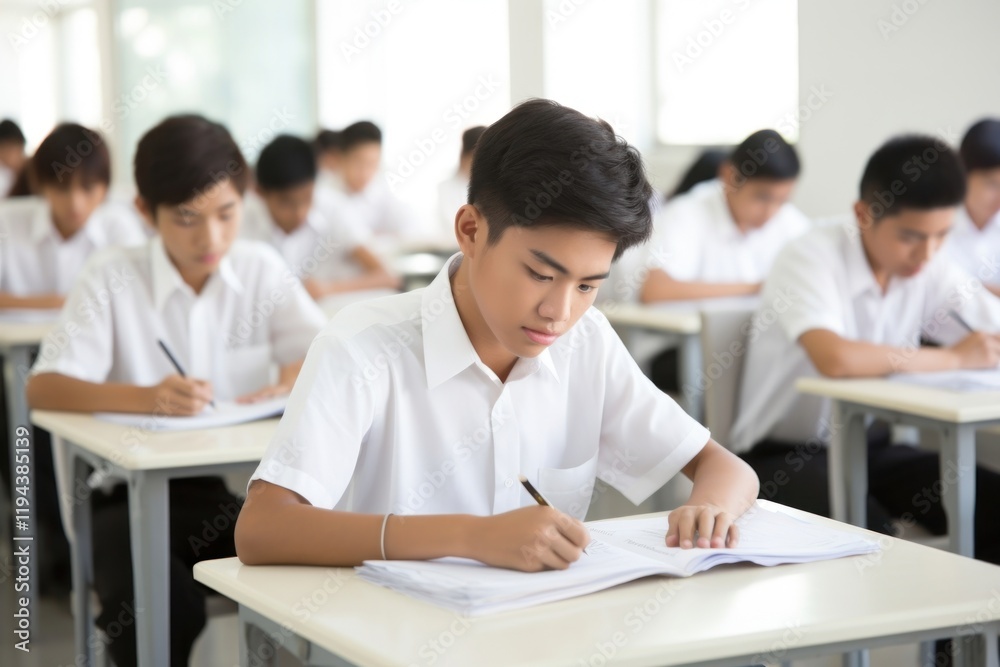 Teenage boys writing classroom student concentration. Teenage boys writing classroom student concentration.