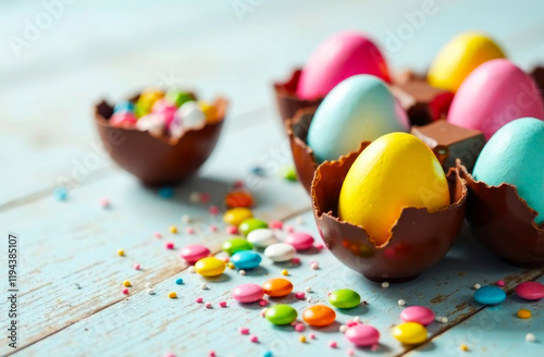 Brightly colored chocolate eggs and candies are arranged on a light blue wooden table, creating a festive atmosphere photo