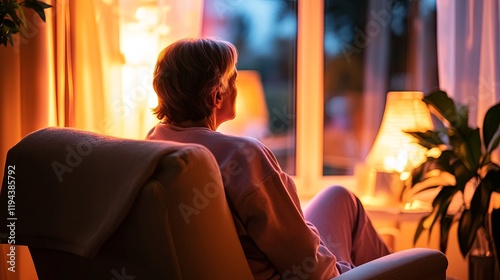  Tired elderly person in pajamas sitting by window, room softly illuminated by moonlight, highlighting sleep disturbance impact.