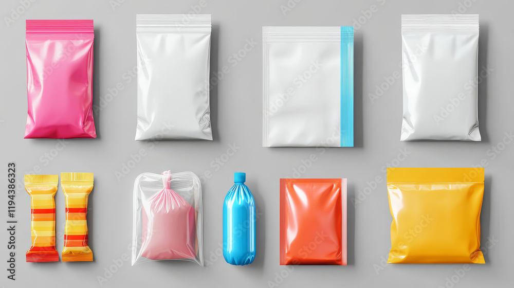 Vacuum polythene bag for shopping and zip, realistic food package and supermarket packet, sachet and product sealed cellophane box, candy wrap or chocolate wrapper, confectionary. Blank template Vacuum polythene bag for shopping and zip, realistic food package and supermarket packet, sachet and product sealed cellophane box, candy wrap or chocolate wrapper, confectionary. Blank template