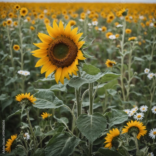 A sunflower surrounded by smaller wildflowers like daisies and clovers on white. photo