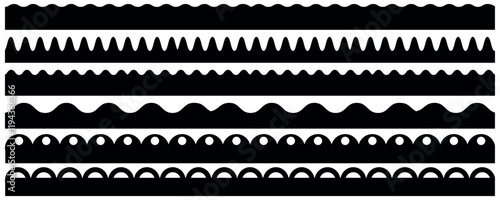 Scallop edge lace border and frame set. Simple scalloped border. Texture ribbons. Vector illustration isolated on white background. 