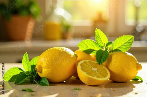 Ripe lemons and fresh mint on the counter glow in warm afternoon light, creating a vibrant atmosphere photo