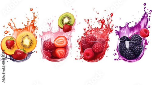 Vibrant Fruit Juices with Splashing Berries and Kiwis