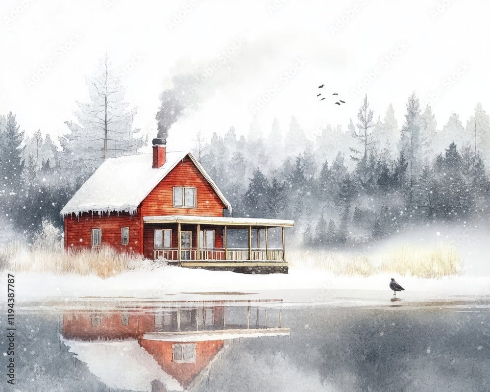 A red wooden house on the shore of a winter lake. Picturesque landscape A red wooden house on the shore of a winter lake. Picturesque landscape