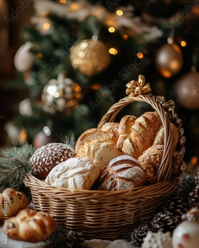 Basket with fresh bread on the background of a Christmas tree, festive pastries