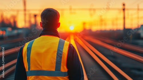 A railway worker stands on tracks, gazing at a vibrant sunset, highlighting the beauty of the end of the day against a backdrop of industrial scenery. photo