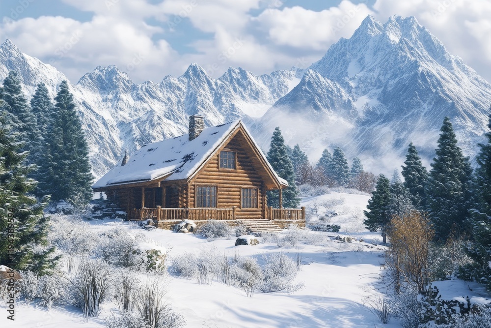 Cozy log cabin nestled in snowy mountain range. Cozy log cabin nestled in snowy mountain range.