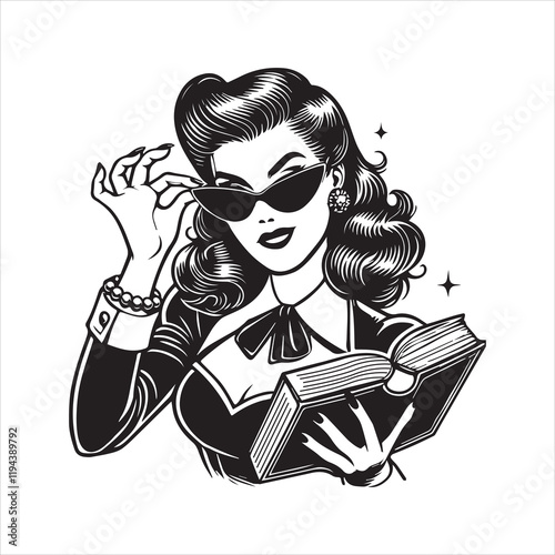 Pinup Girl Librarian Reading Book vector illustration, Pin up Girl with book clipart design