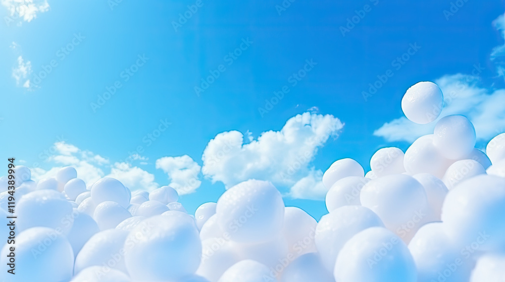 White fluffy balls against a vibrant blue sky with fluffy clouds creating a dreamy, joyful scene White fluffy balls against a vibrant blue sky with fluffy clouds creating a dreamy, joyful scene