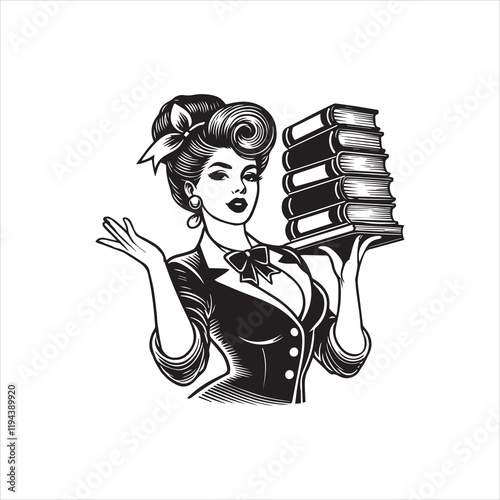 Pinup Girl Librarian Reading Book vector illustration, Pin up Girl with book clipart design