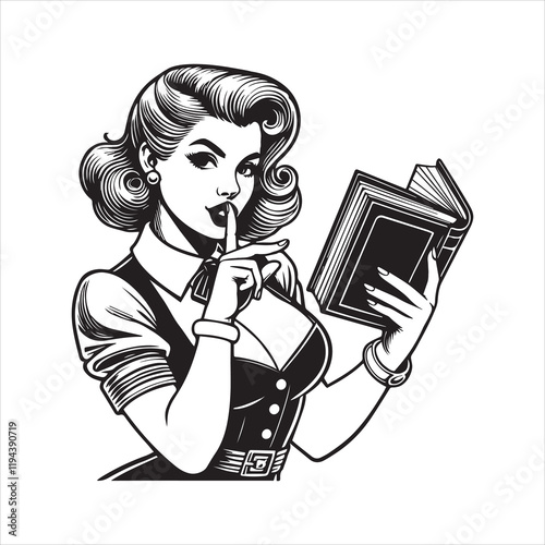 Pinup Girl Librarian Reading Book vector illustration, Pin up Girl with book clipart design