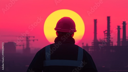 A silhouette of a worker in a hard hat against a vibrant sunset, with industrial structures in the background, symbolizing labor and progress.