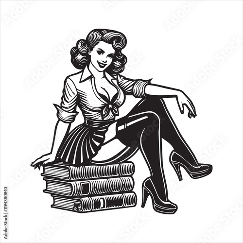 Pinup Girl Librarian Reading Book vector illustration, Pin up Girl with book clipart design
