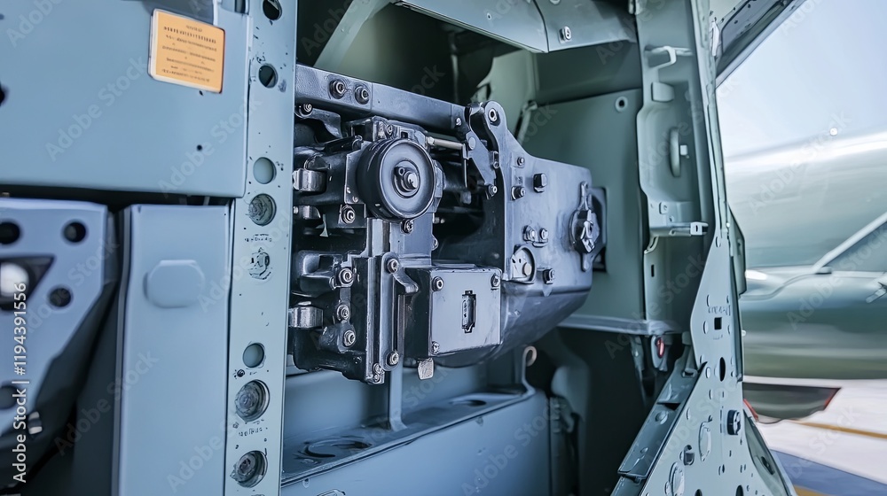 Close-up of an airplane wheel compartment, highlighting the intricate wheel mechanism and surrounding metal structure with a narrow depth of field to emphasize the mechanical details. Close-up of an airplane wheel compartment, highlighting the intricate wheel mechanism and surrounding metal structure with a narrow depth of field to emphasize the mechanical details.