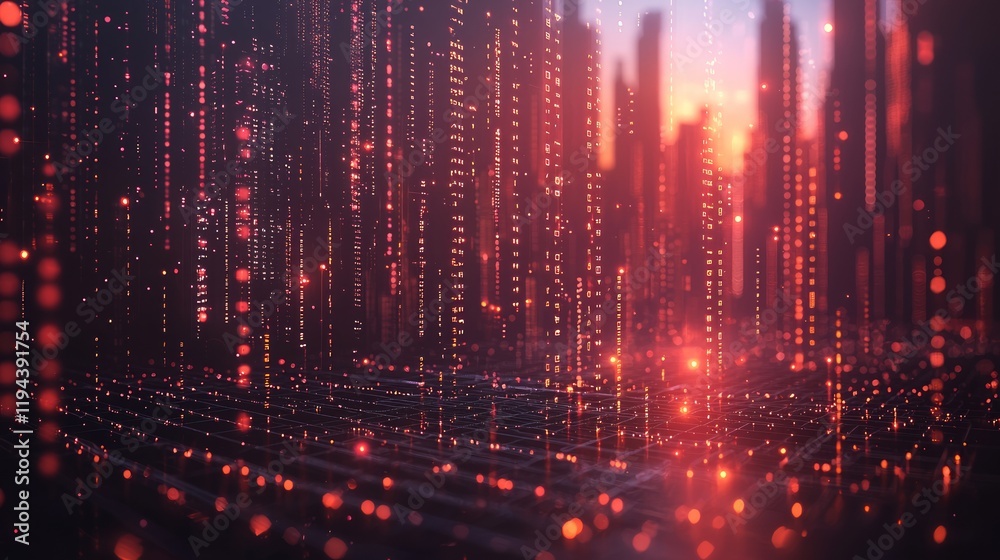 Fototapeta premium Red digital city sunset; futuristic cityscape background; technology concept