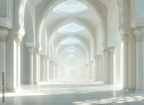 A long, white corridor with Islamic geometric patterns on the walls, creating an atmosphere of tranquility and spirituality. Light streams in from above through arched openings. 