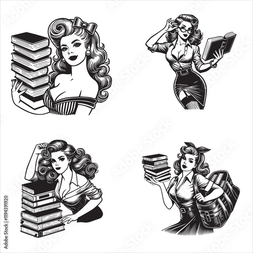 Pinup Girl Librarian Reading Book vector illustration, Pin up Girl with book clipart design Bundle