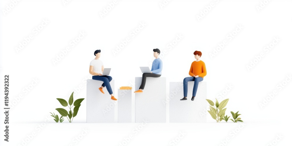 Three individuals work on laptops while seated on white blocks, surrounded by plants in a minimalist, bright setting. Three individuals work on laptops while seated on white blocks, surrounded by plants in a minimalist, bright setting.