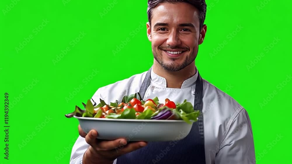 Chef Presenting Fresh Salad: A smiling chef proudly presents a vibrant and healthy salad in a large bowl against a green screen. The image is perfect for culinary, healthy eating. Chef Presenting Fresh Salad: A smiling chef proudly presents a vibrant and healthy salad in a large bowl against a green screen. The image is perfect for culinary, healthy eating.