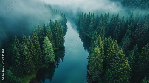 Misty forest river flowing through tall evergreen trees with serene reflections in calm water