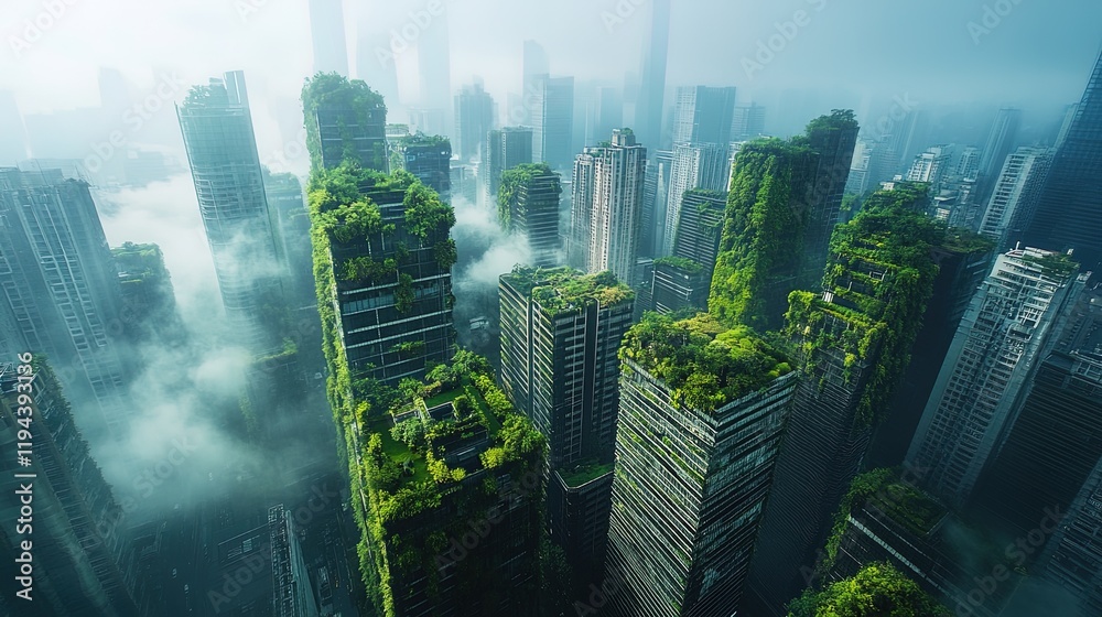 A cityscape integrating green roofs and vertical gardens, a vision of urban sustainability A cityscape integrating green roofs and vertical gardens, a vision of urban sustainability