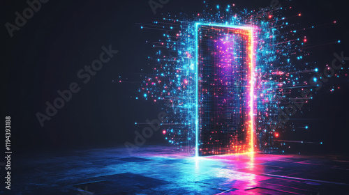 Futuristic open door with digital technology neon light pattern on wall. Realistic 3d vector illustration of portal to tech future with opportunities. Abstract metaverse teleport gate with glow effect
