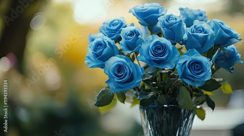 Blue rose bouquet displayed in a glass vase, with soft light highlighting the intricate petals.