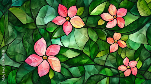 Beautiful stained glass pink flowers and leaves background wallpaper