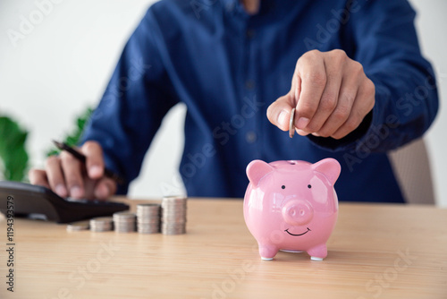 Man hand putting coins in pink piggy bank for account save money , Planning step up, saving money for future plan, retirement fund , Concept business finance saving money and investment.