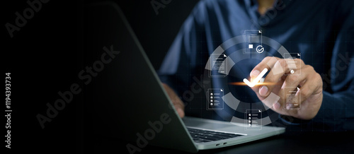 Businessman use document icon on virtual screen checklist and documentation management, business growth goals, develop success, planning and strategy create growth opportunities.
