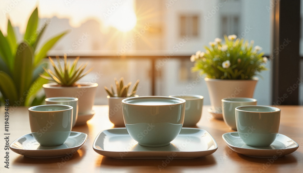 Square modern Chinese tea set on balcony in morning sun, serene ambiance Square modern Chinese tea set on balcony in morning sun, serene ambiance