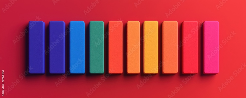 A vibrant arrangement of colorful blocks on a red background, showcasing a gradient of hues from blue to pink. A vibrant arrangement of colorful blocks on a red background, showcasing a gradient of hues from blue to pink.