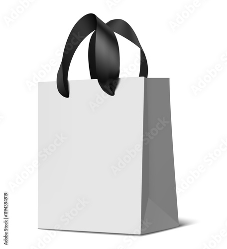 Decorative realistic ecological white paper bag mockup with black silk ribbon handles for shopping isolated on white with shadow. Vector stock illustration.	