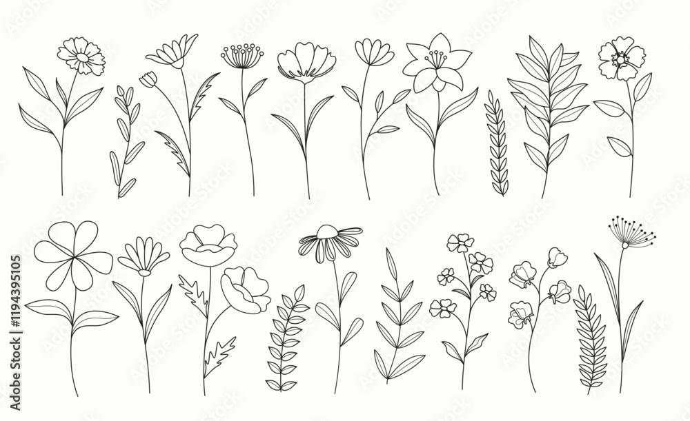Fototapeta premium Flower spring outline clip art set. Spring flowers black and white drawing lines clipart in doodle, hand drawn and sketch flat collection. Vector illustration floral elements set. 