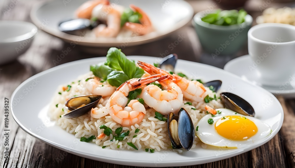 Cooked rice and Stir Fried Basil with Shrimp ,green Mussels ,squid and Fried Egg in white plate.Thai food Cooked rice and Stir Fried Basil with Shrimp ,green Mussels ,squid and Fried Egg in white plate.Thai food