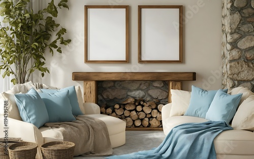 Cozy living room, fireplace, sunlight, mockup frames, relaxation photo