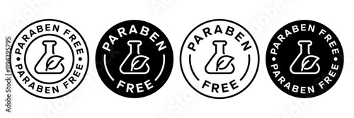 Paraben Free with a leaf drop label, logo, badge, icon, sticker, symbol, emblem, stamp, green, line, flat vector, isolated illustration. Paraben Free label for product packaging design.