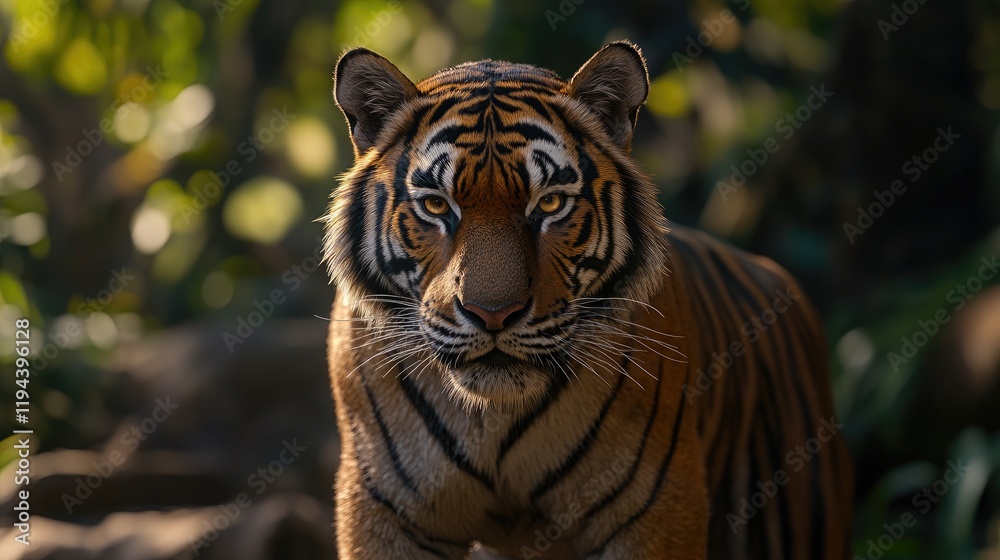 Fototapeta premium Closeup of a tiger's face, with its piercing eyes and intricate stripes blending into the background.