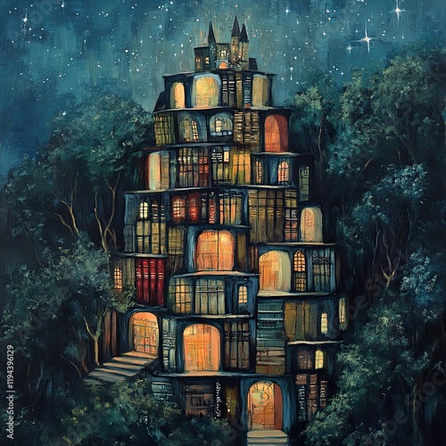 Enchanted Book Tower: A Magical Night in the Forest